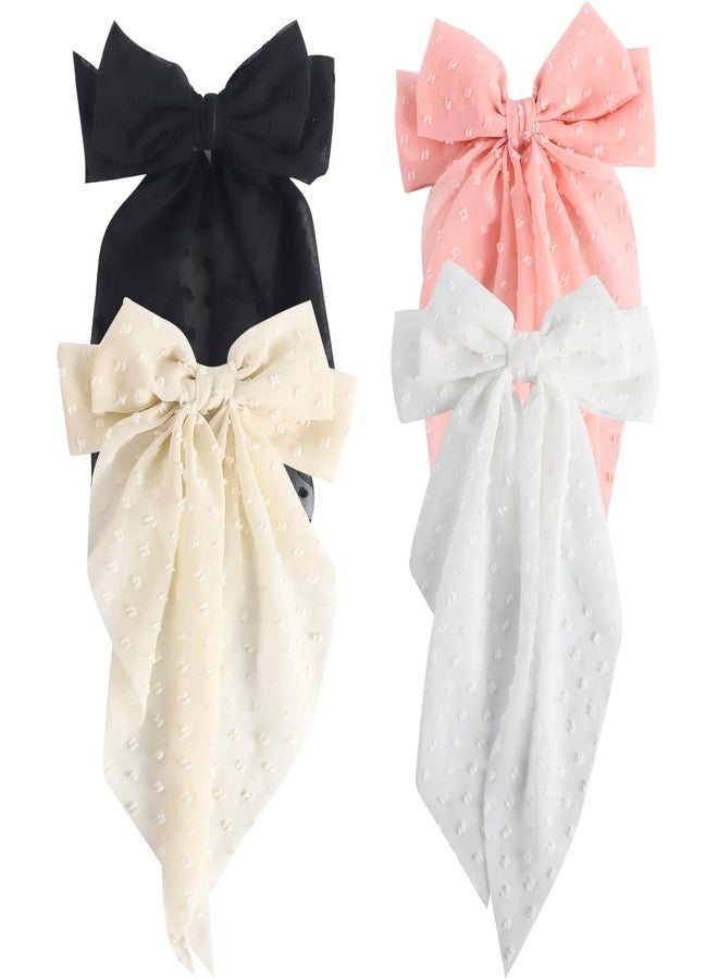 HLTOO 4PCS Chiffon Large Ribbon Hair Bows, Oversized Long-tail Hair Clips, Cute Hair Barrettes, for Women and Girls Hair Styling Accessories, Black, White, Beige, Light Pink - Image 1